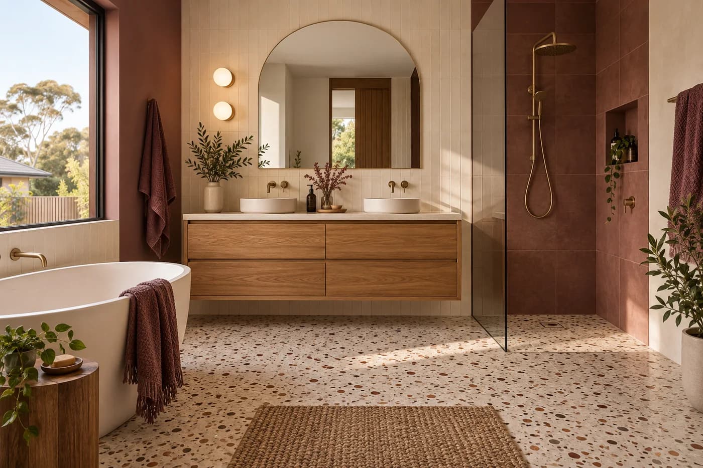 A bathroom with timber vanity, shower and terrazzo-style floor